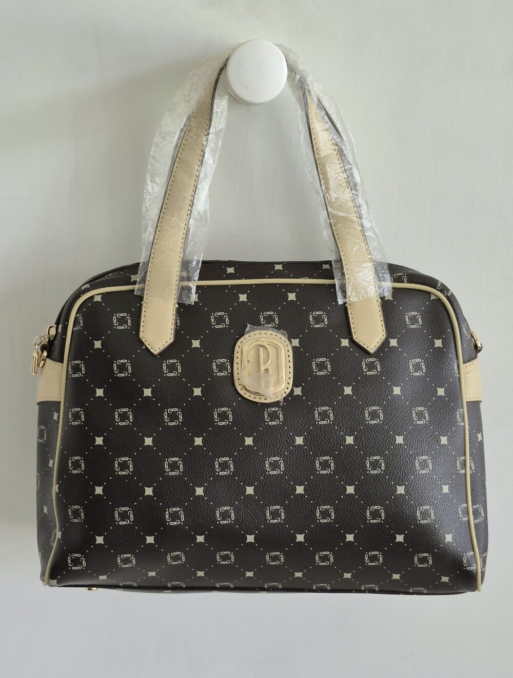 Peter Belisi Rich Tuscan Dark Chocolate Monogram Leather Satchel w/Cream Trim